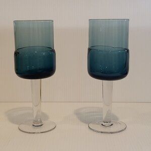 Pier 1 Goblet Blue Water 12 Oz Double Dip Mouth Blown MCM Style Wine Glass Pair